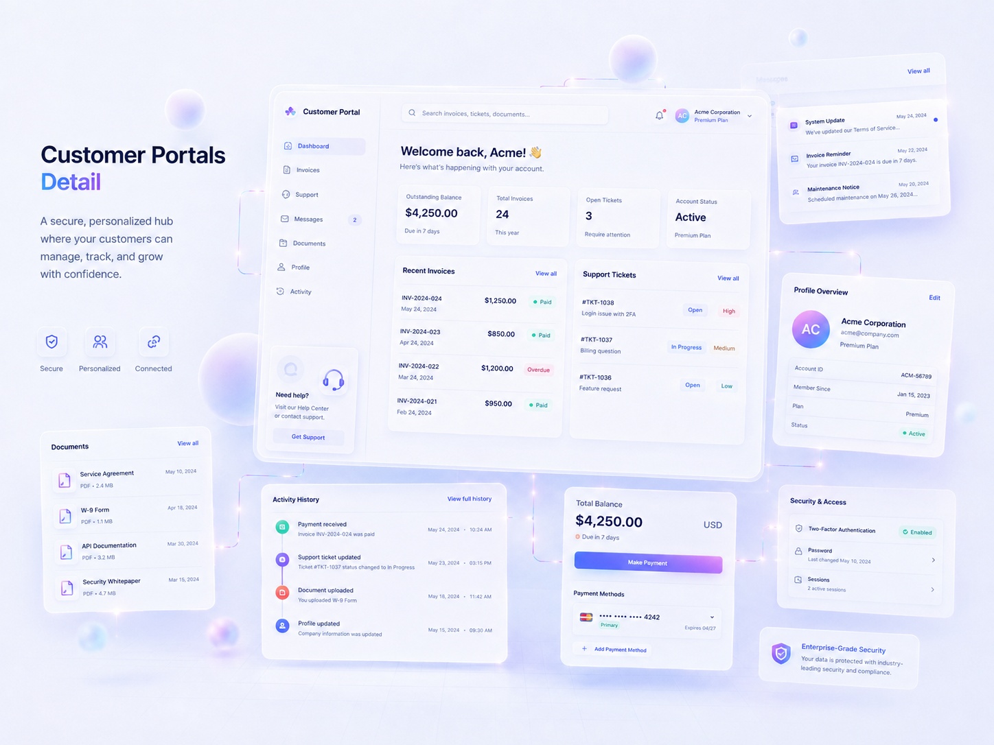 Custom customer portal with account dashboard, documents and payments detailed interface example