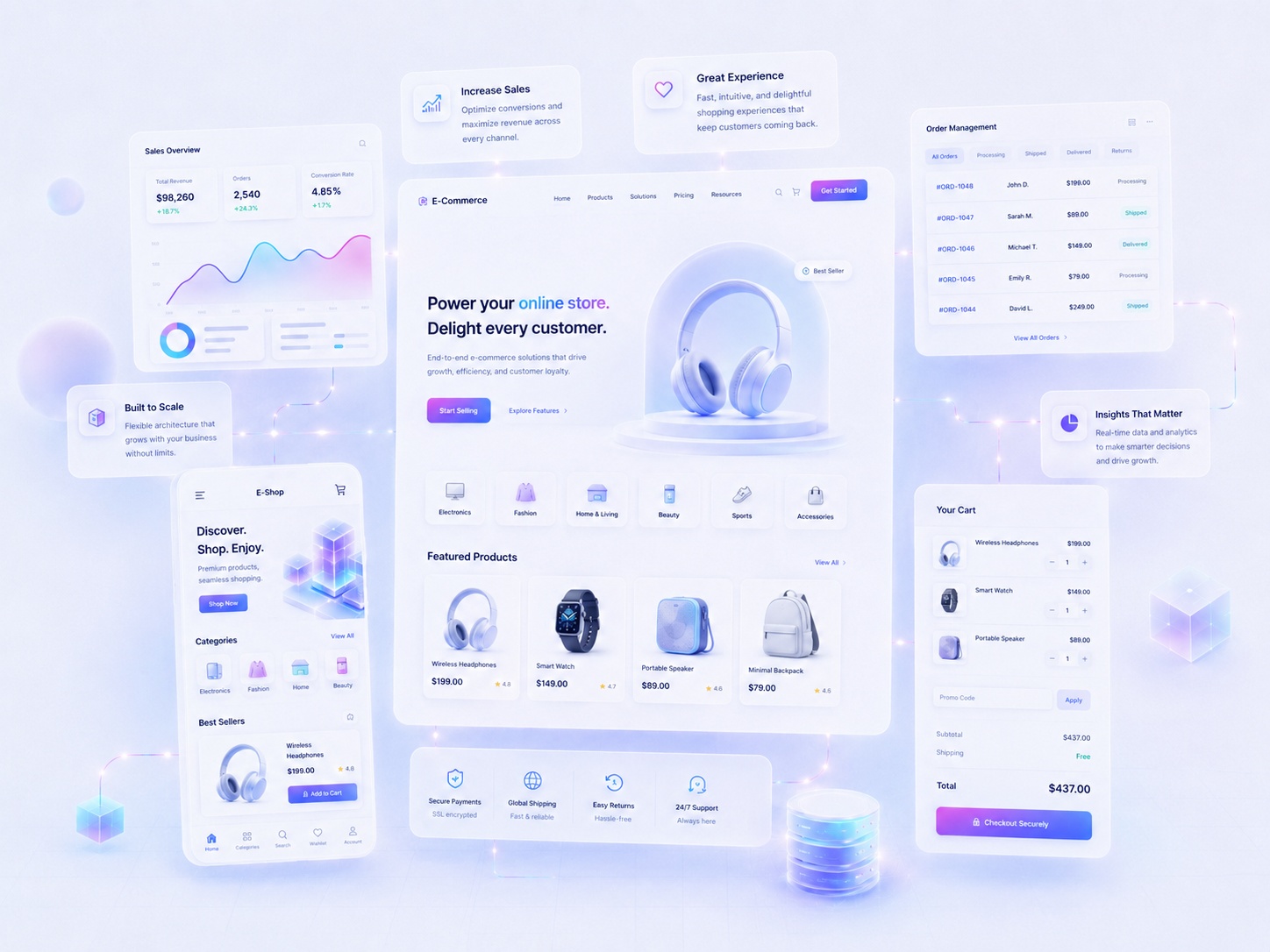 Custom e-commerce storefront, shopping cart and checkout interface